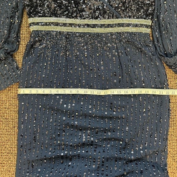 Mac Duggal Size 12 Navy 93593 Sequined V Neck Bishop Sleeve Midi Cocktail Dress - Picture 13 of 13